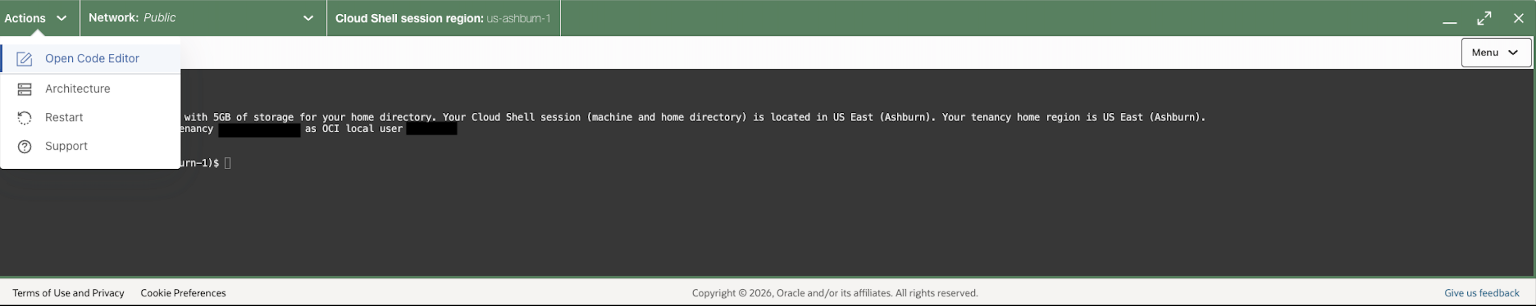 Cloud Shell architecture action menu