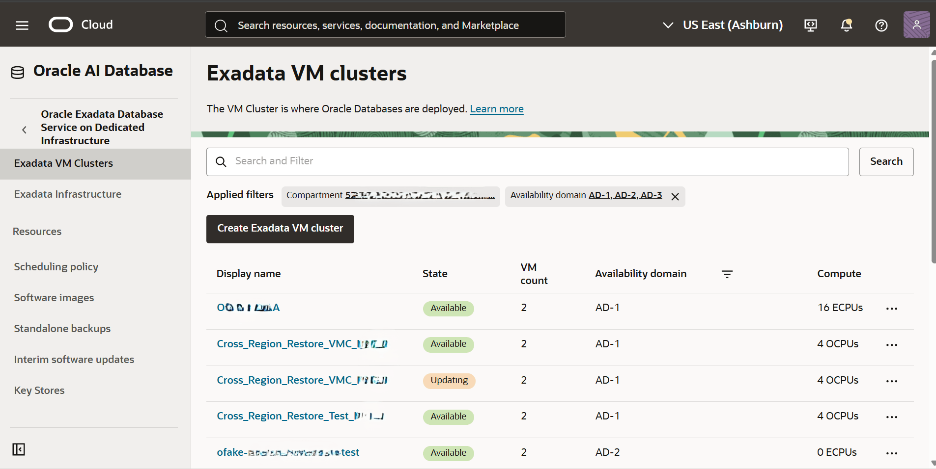 This screenshot shows the list of Exadata VM Clusters.