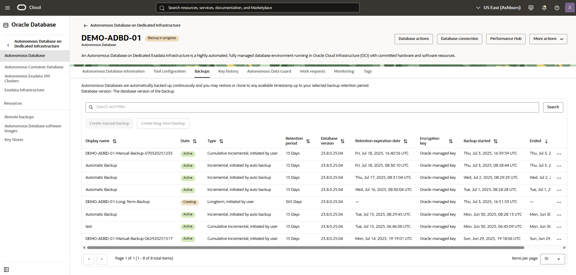 Backup Autonomous AI Database (Dedicated)