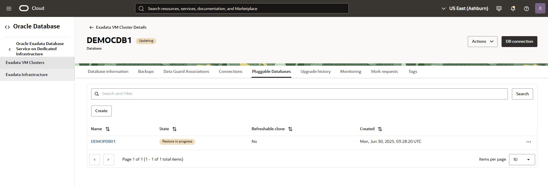 This screenshot shows the Pluggable Database Point-in-Time Restore
