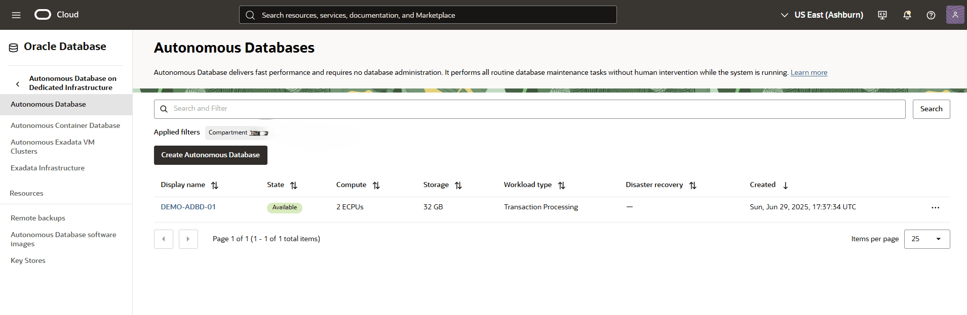 This screenshot shows the final step of creating an Autonomous Database. This screenshot shows the final step of creating an Autonomous Database.