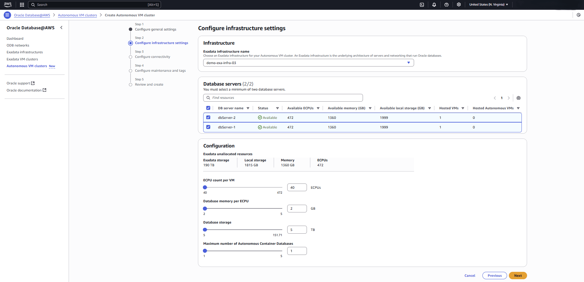 This screenshot shows the second part of creating an Autonomous VM Cluster This screenshot shows the second part of creating an Autonomous VM Cluster