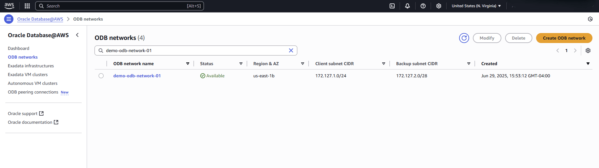 This screenshot shows the last part of creating an ODB network.