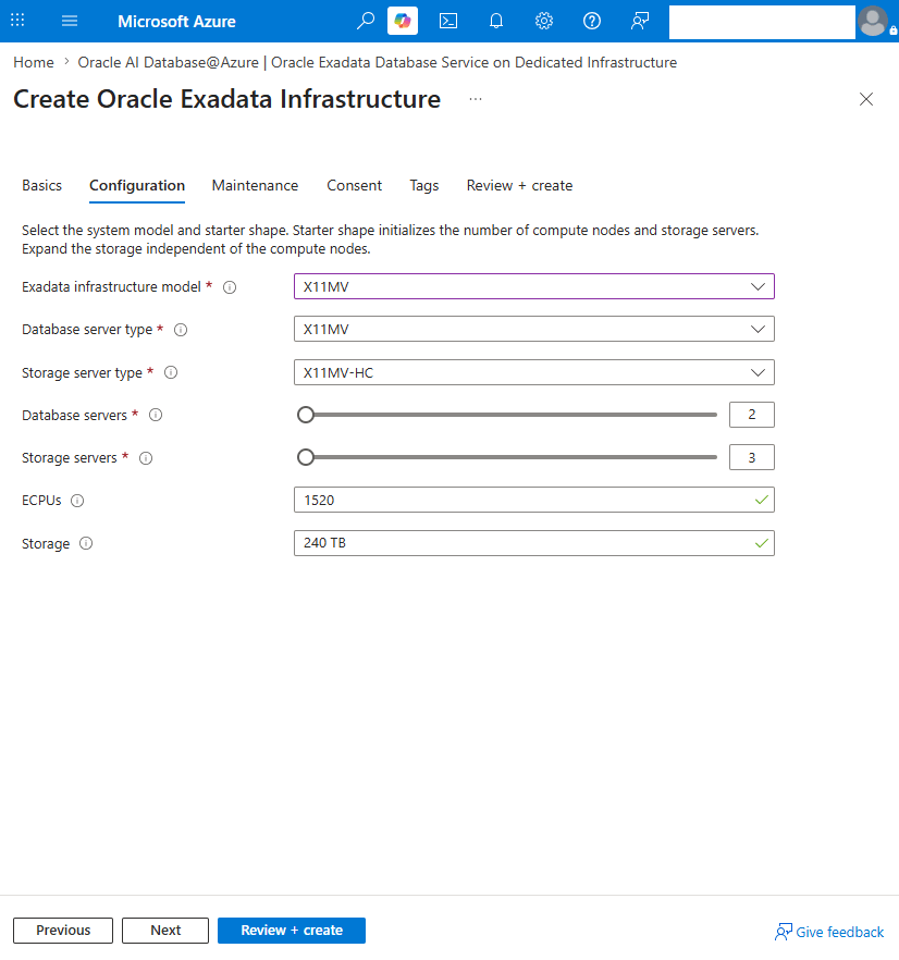 This screenshot shows how to create an Exadata Infrastructure .