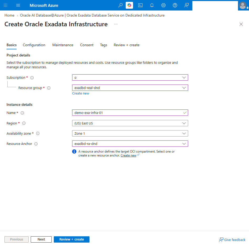 This screenshot shows how to create an Exadata Infrastructure .