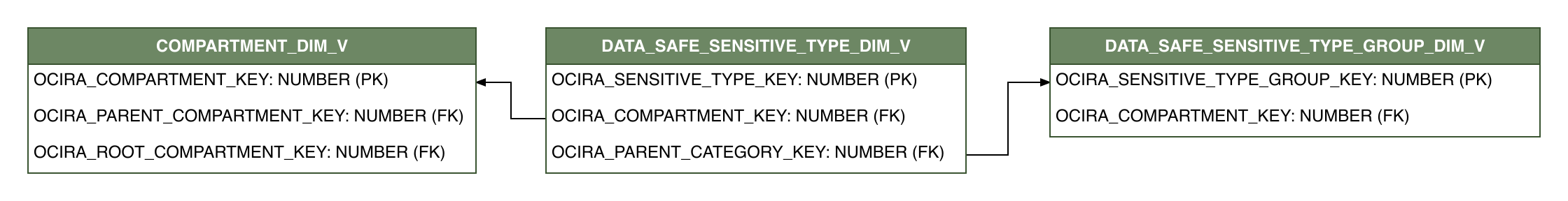 Relationship diagram showing the dimension table, DATA_SAFE_SENSITIVE_TYPE_DIM_V.