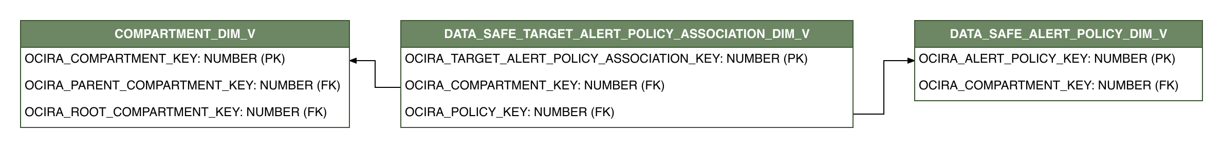 Relationship diagram showing the dimension table, DATA_SAFE_TARGET_ALERT_POLICY_ASSOCIATION_DIM_V.