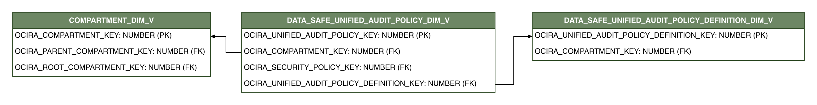 Relationship diagram showing the dimension table, DATA_SAFE_UNIFIED_AUDIT_POLICY_DIM_V.