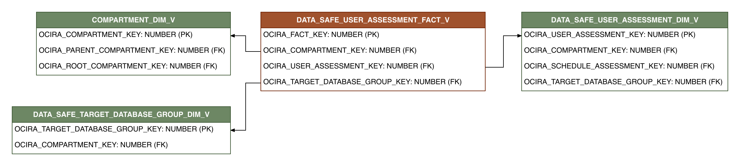 Relationship diagram showing the fact table, DATA_SAFE_USER_ASSESSMENT_FACT_V.