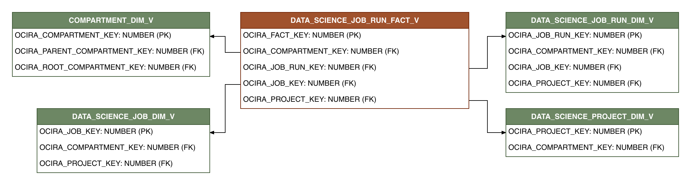 Relationship diagram showing the fact table, DATA_SCIENCE_JOB_RUN_FACT_V.