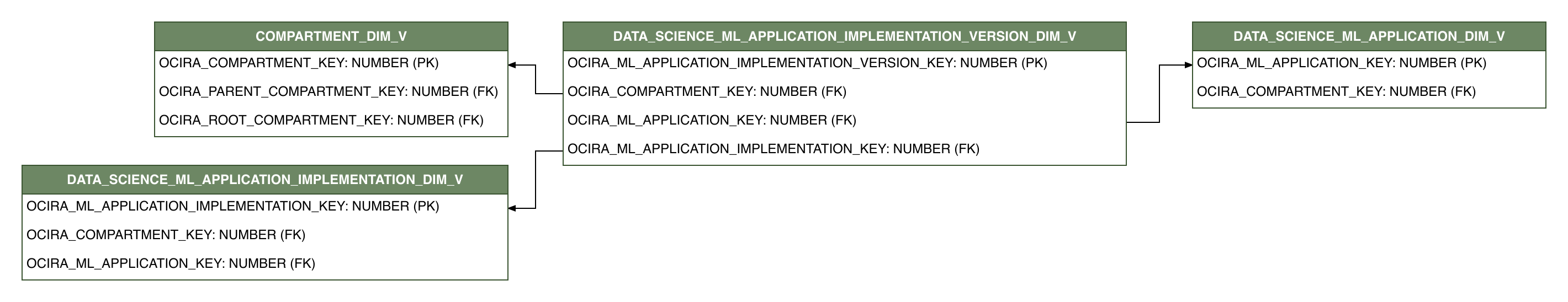 Relationship diagram showing the dimension table, DATA_SCIENCE_ML_APPLICATION_IMPLEMENTATION_VERSION_DIM_V.
