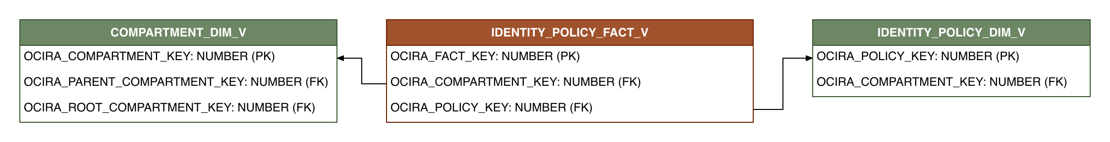 Relationship diagram showing the fact table, IDENTITY_POLICY_FACT_V.