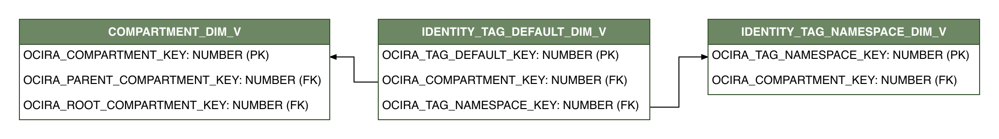 Relationship diagram showing the dimension table, IDENTITY_TAG_DEFAULT_DIM_V.