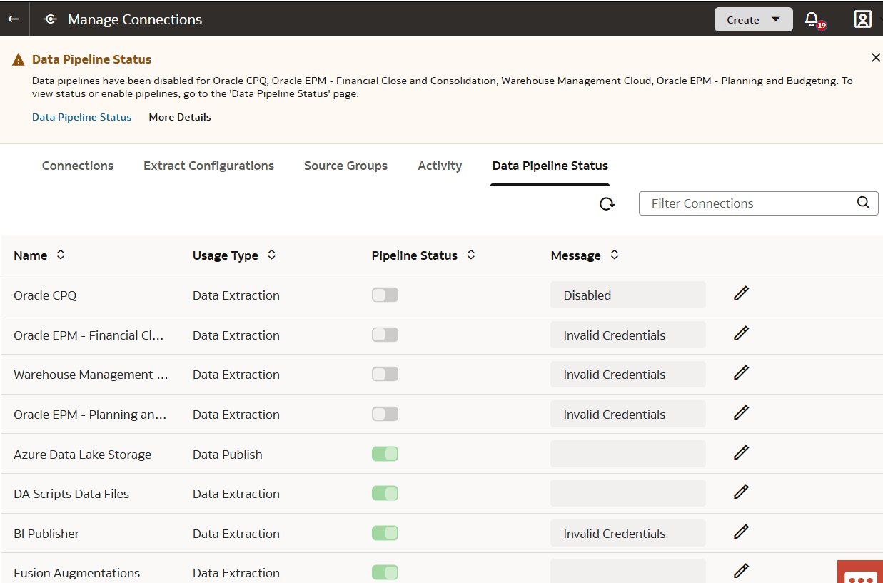 Manage Connections page displaying the Data Pipeline Status tab