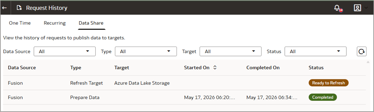 The Request History page displaying the Data Share tab and history of data share requests The Request History page displaying the Data Share tab and history of data share requests