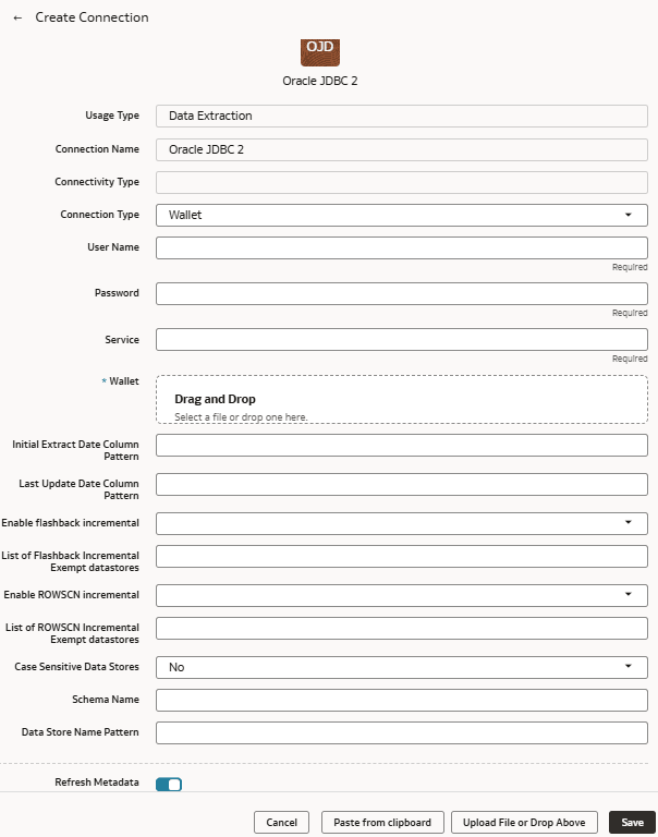 Oracle JDBC connection dialog displaying the Wallet connection type along with other patameters
