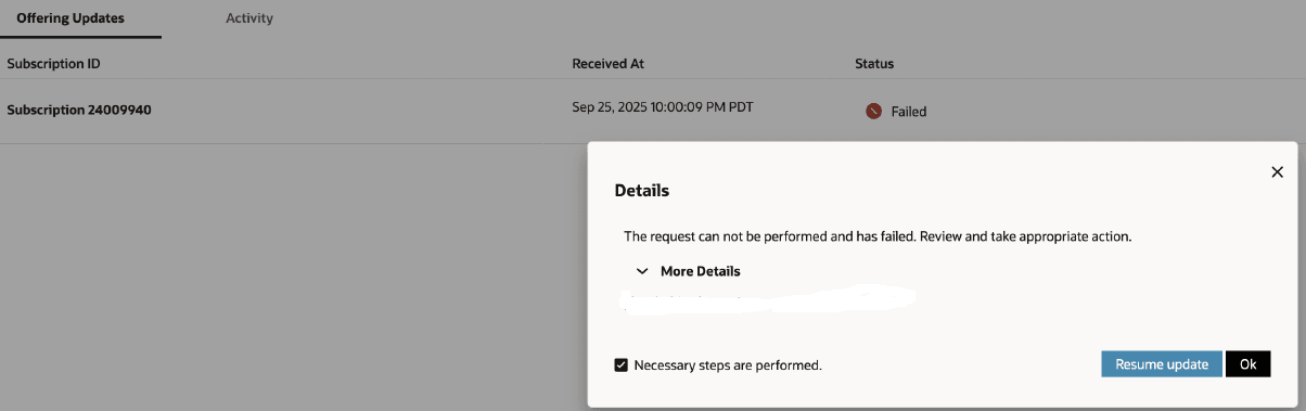 The Details dialog displaying More Details option to view the issues with updating the offerings.