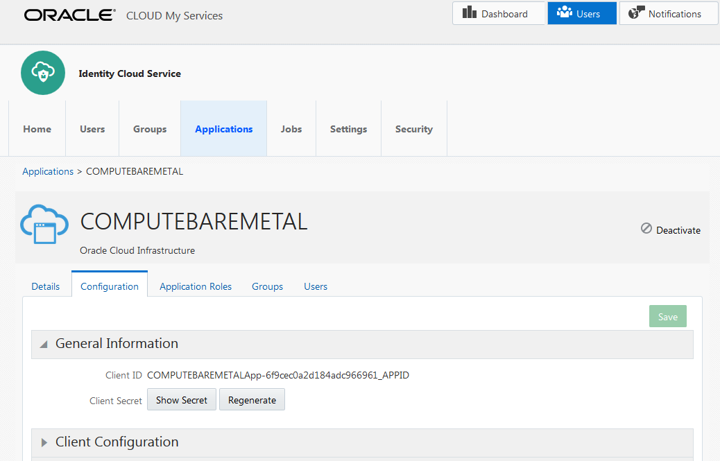 Click to expand Screenshot shows the client secret key in the Oracle Identity Cloud Service console