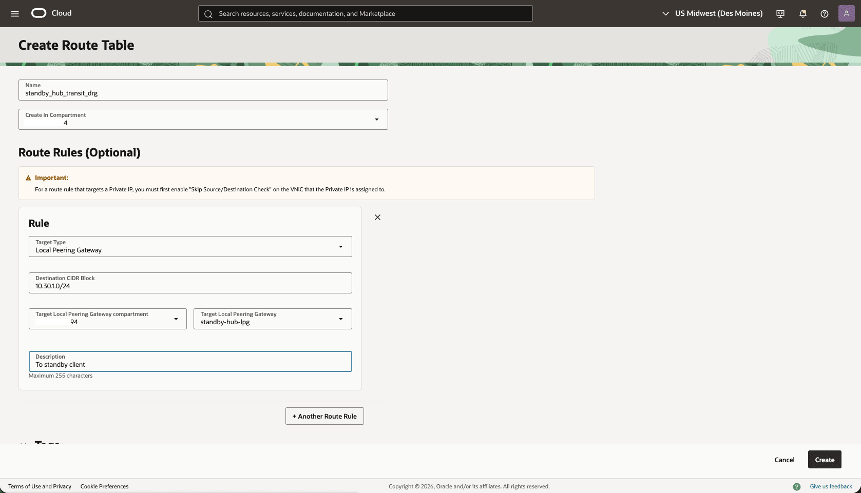 This screenshot shows how to configure the network in the standby region. This screenshot shows how to configure the network in the standby region.