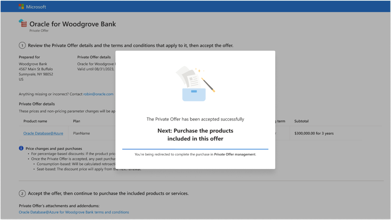 Click to expand An image of the Azure portal showing the redirect message that displays after an offer is successfully accepted.