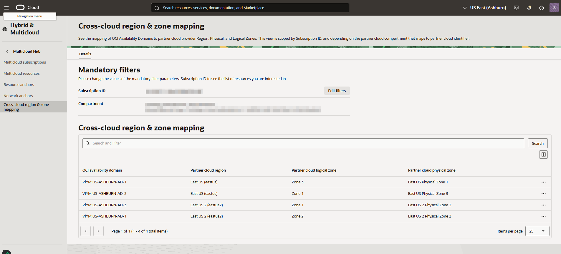 Click to expand Cross-cloud region & zone mapping list page