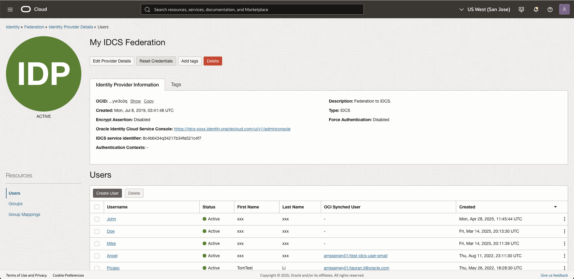 クリックして展開 アイデンティティ・ドメインのないIAMで使用されるMy IDCS Federationのスクリーンショットを表示します。
