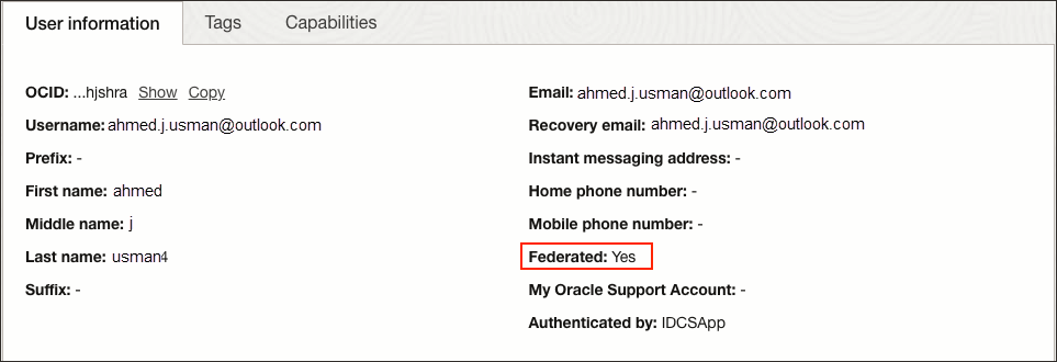 クリックして展開 ユーザーがフェデレートされていることを示すユーザー情報