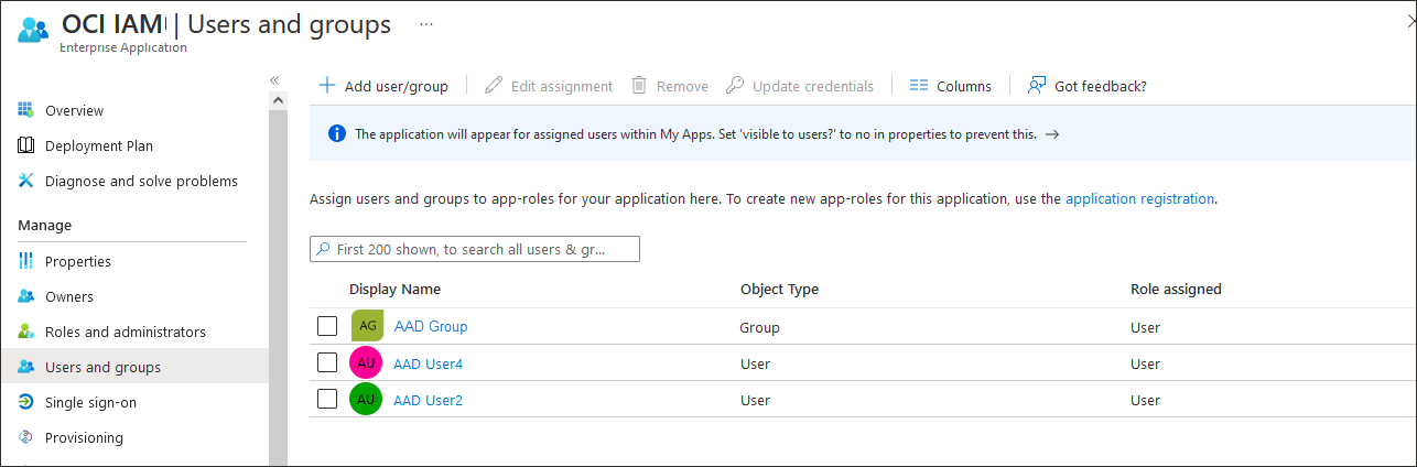 クリックして展開 選択したユーザーおよびグループが、アプリケーションのユーザーおよびグループのリストに表示されます。