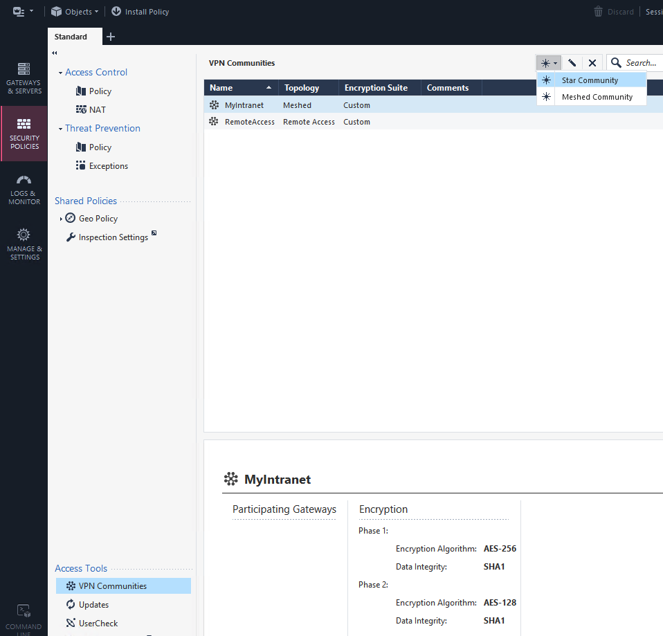 クリックして展開 この図は、VPNコミュニティを作成する場所を示しています。