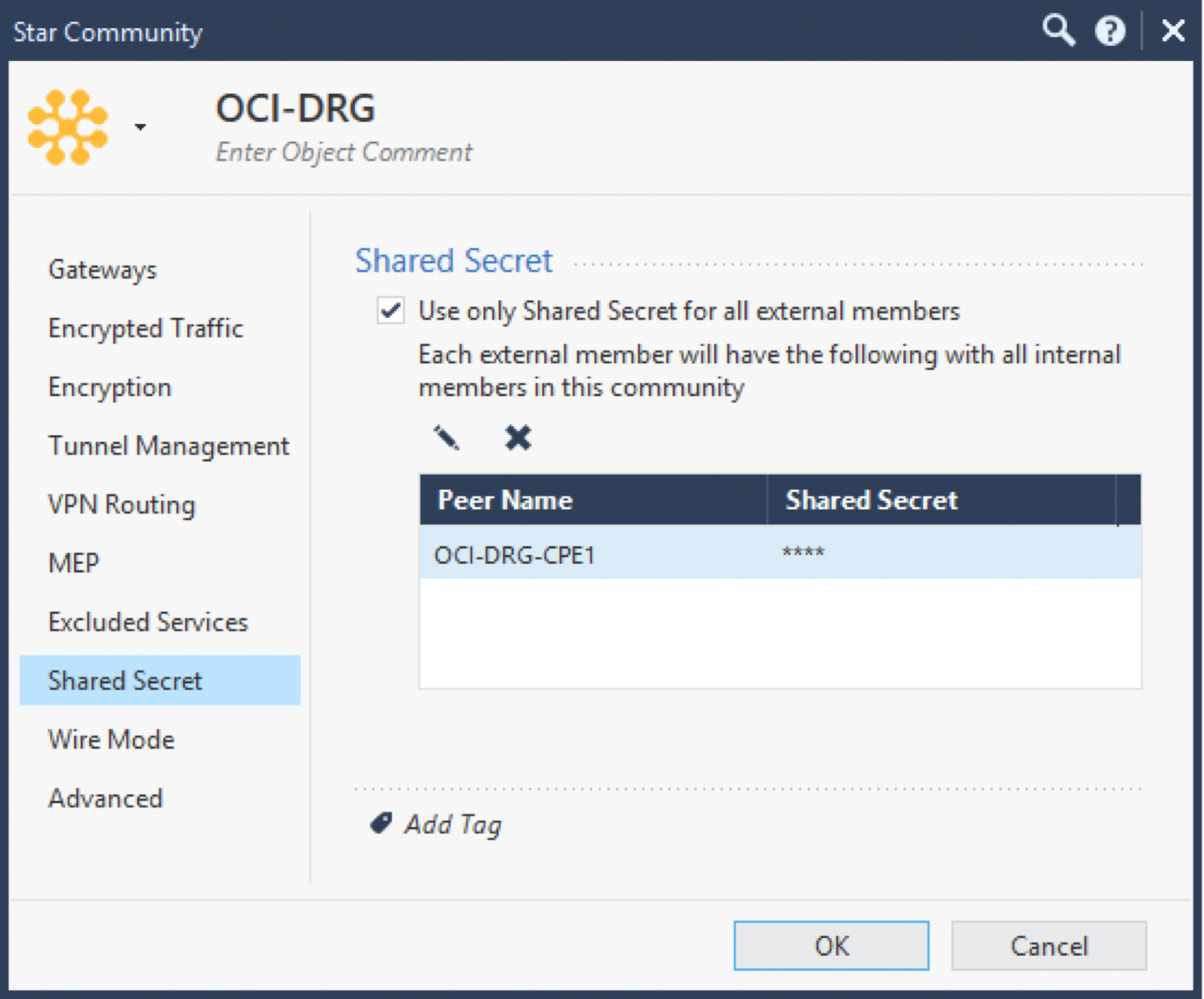 クリックして展開 この図は、トンネルに共有シークレットを指定できる場所を示しています。