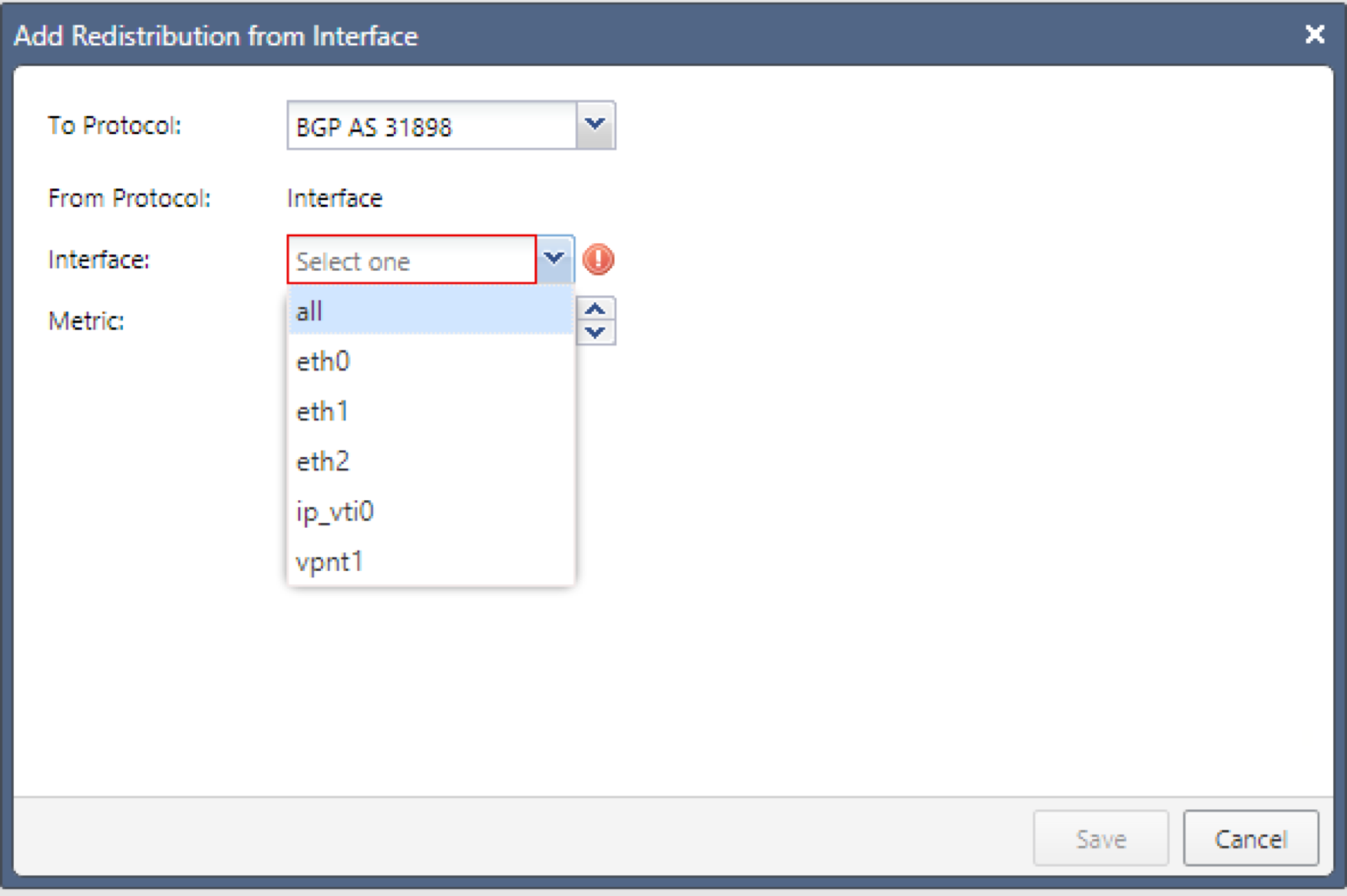 この図は、「インタフェースからの再分散の追加」ダイアログを示しています。