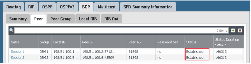クリックして展開 この図は、BGPセッション・ステータスを表示する場所を示しています。