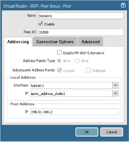 クリックして展開 この図は、BGPピアの「アドレス」タブを示しています。