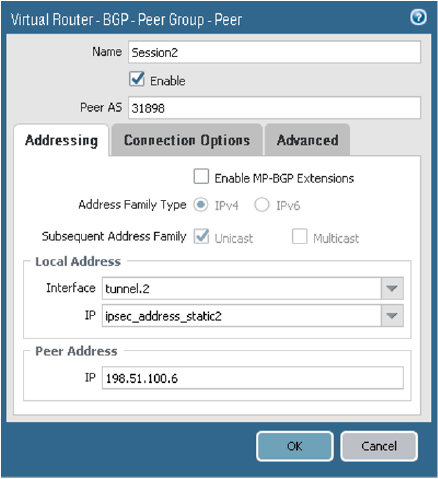 クリックして展開 この図は、BGPピアの「アドレス」タブを示しています。