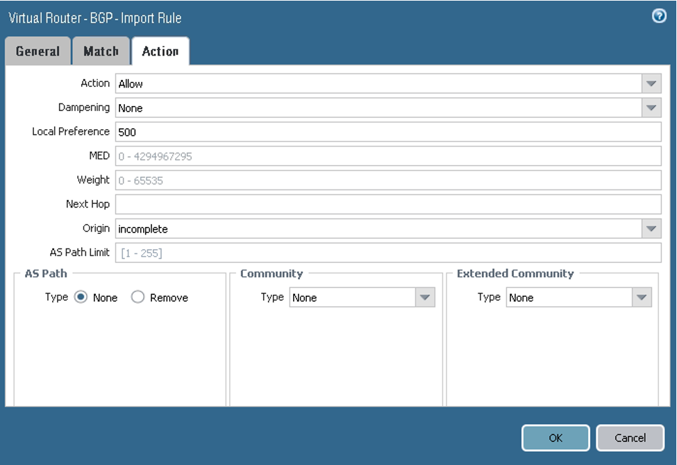 クリックして展開 この図は、インポート・ルールの「アクション」タブを示しています。