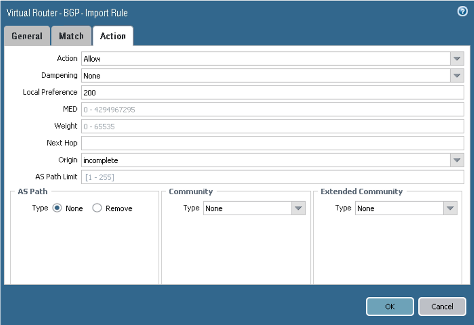 クリックして展開 この図は、インポート・ルールの「アクション」タブを示しています。
