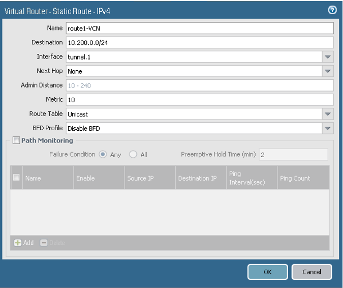 クリックして展開 この図は、ルート1の静的ルート設定を示しています。