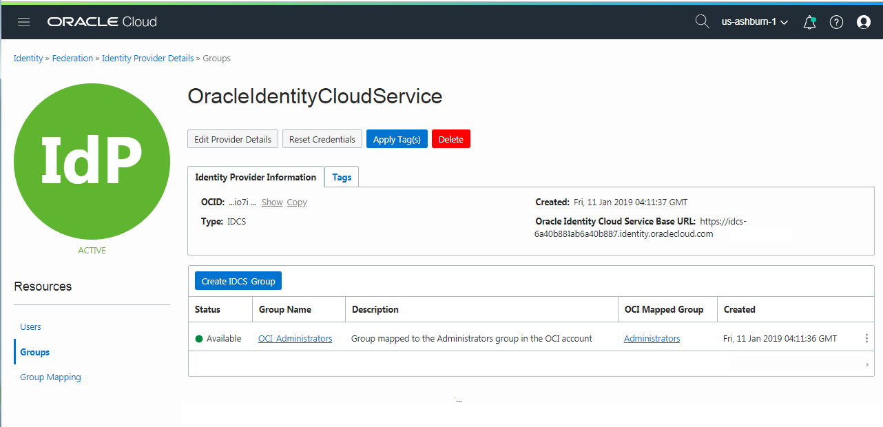 クリックして展開 このスクリーンショットは、Oracle Identity Cloud Serviceのフェデレーション詳細ページを示しています