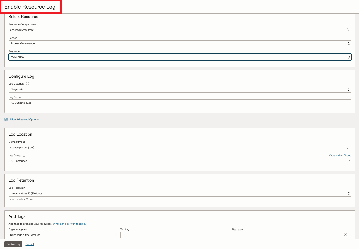 「リソース・ログの有効化」パネル