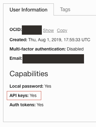 APIキーが「はい」に設定されていることを示す「ユーザー情報」タブ。