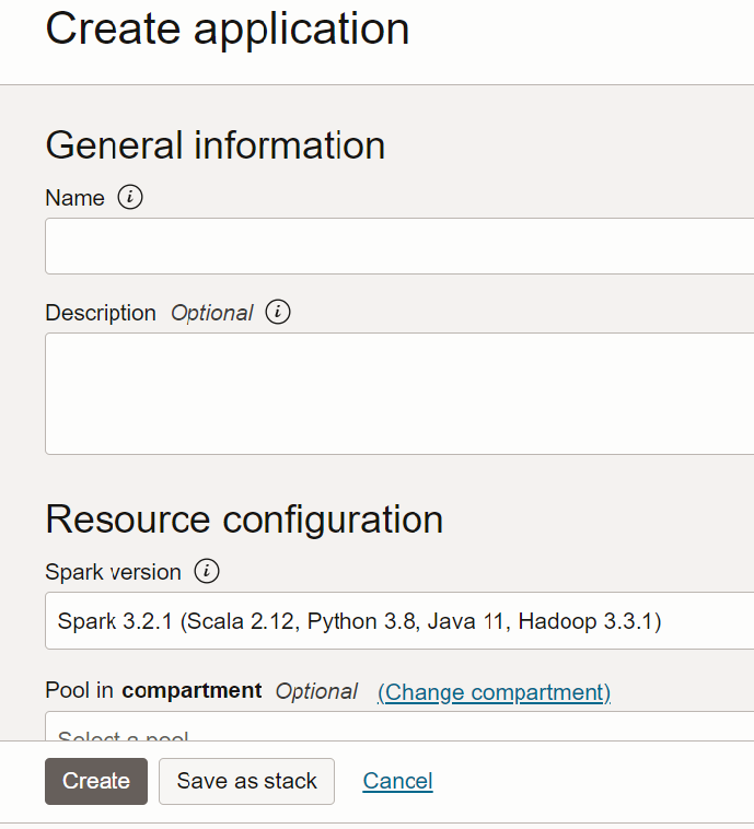 「アプリケーション」ページが、右側の「アプリケーションの作成」プルアウトとともに表示されています。上部では、「名前」というテキスト・フィールドに「一般情報」というセクションがあり、「説明」というテキスト・フィールドになっています。次に、2つのテキスト・フィールドが表示されるリソース構成と呼ばれるセクションです。下部には、「作成」、「スタックとして保存」および「取消」の3つのボタンがあります。