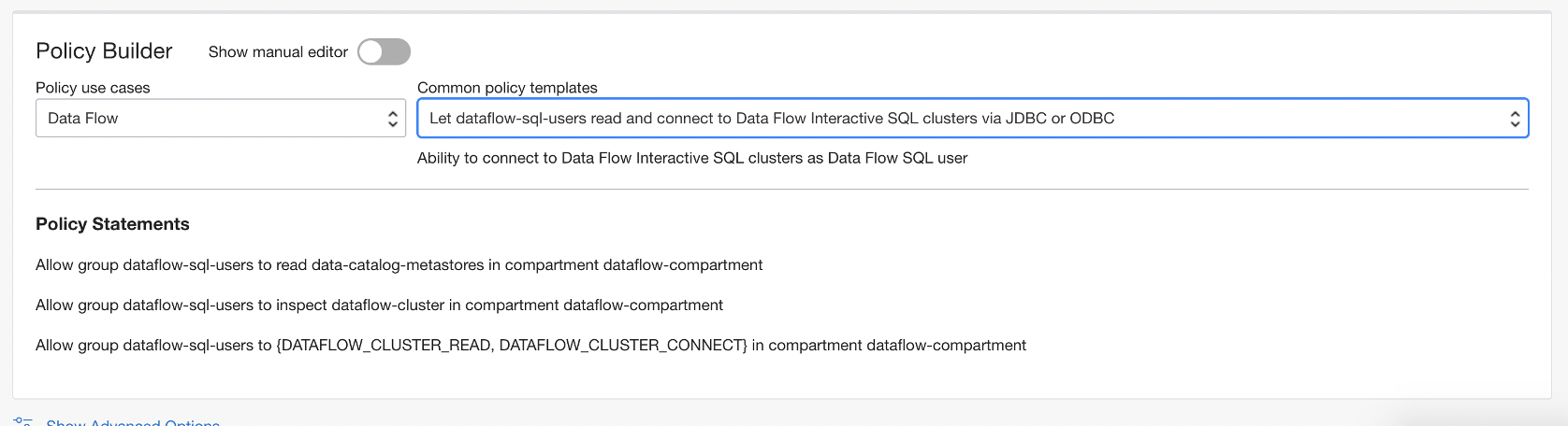 ポリシー「Let dataflow-SQL-users read and connect to Data Flow Interactive SQL cluster via JDBC or ODBC」が選択され、そのポリシー・ステートメントが表示されます。