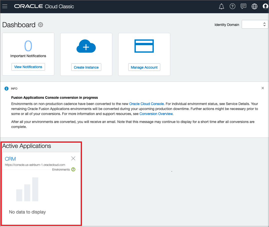 Oracle Cloud Classicコンソールのホーム・ページのFusion Applications環境パネルを示すスクリーンショット
