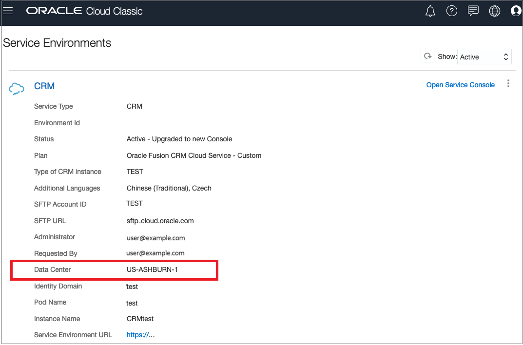Oracle Cloud Classicコンソールの「サービス環境」ページの「データ・センター」フィールドの場所を示すスクリーンショット