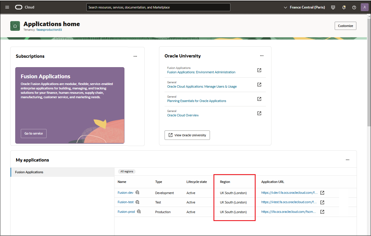 Oracle CloudコンソールのFusion Applications環境のリージョンを示すスクリーンショット