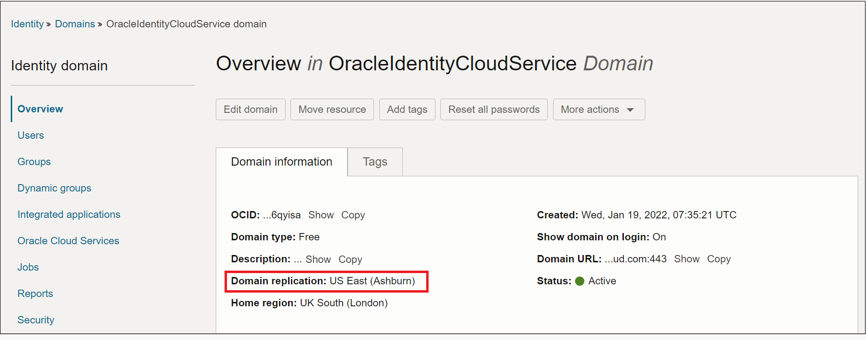「Domain Replication」フィールドが強調表示された「Domain Overview」ページ
