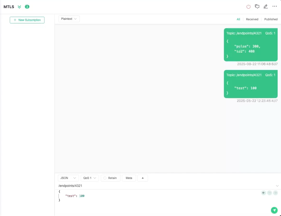 MQTTxのトピックにサブスクライブします。