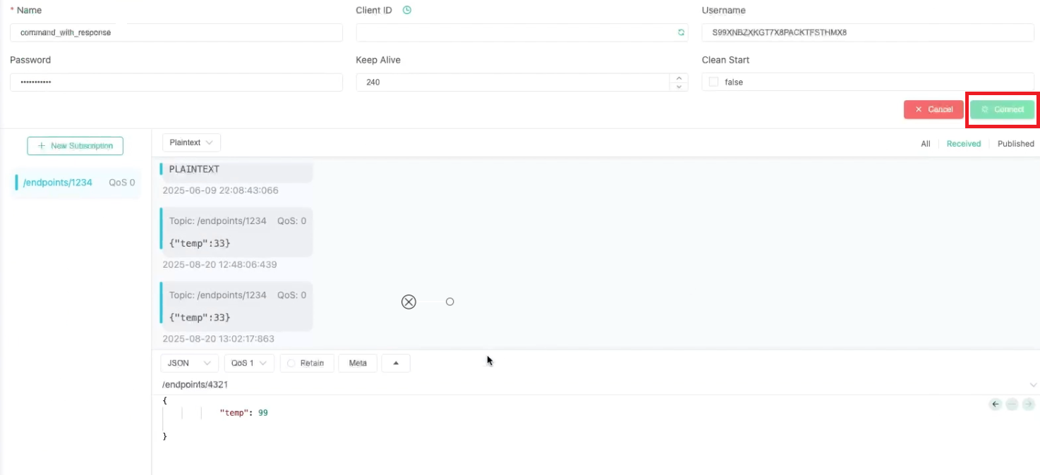 MQTTXで接続を選択します。