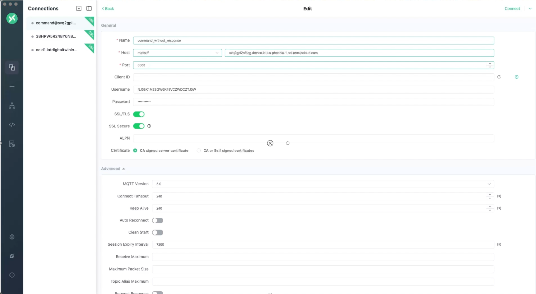 コマンドを呼び出すためのMQTTX設定。