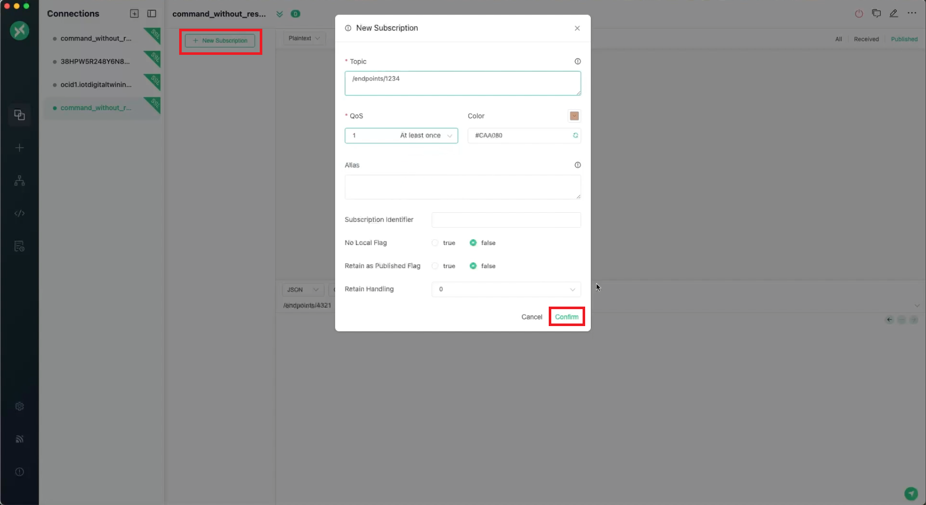 MQTTXでトピックとしてenpointを入力し、サブスクリプションを確認します。